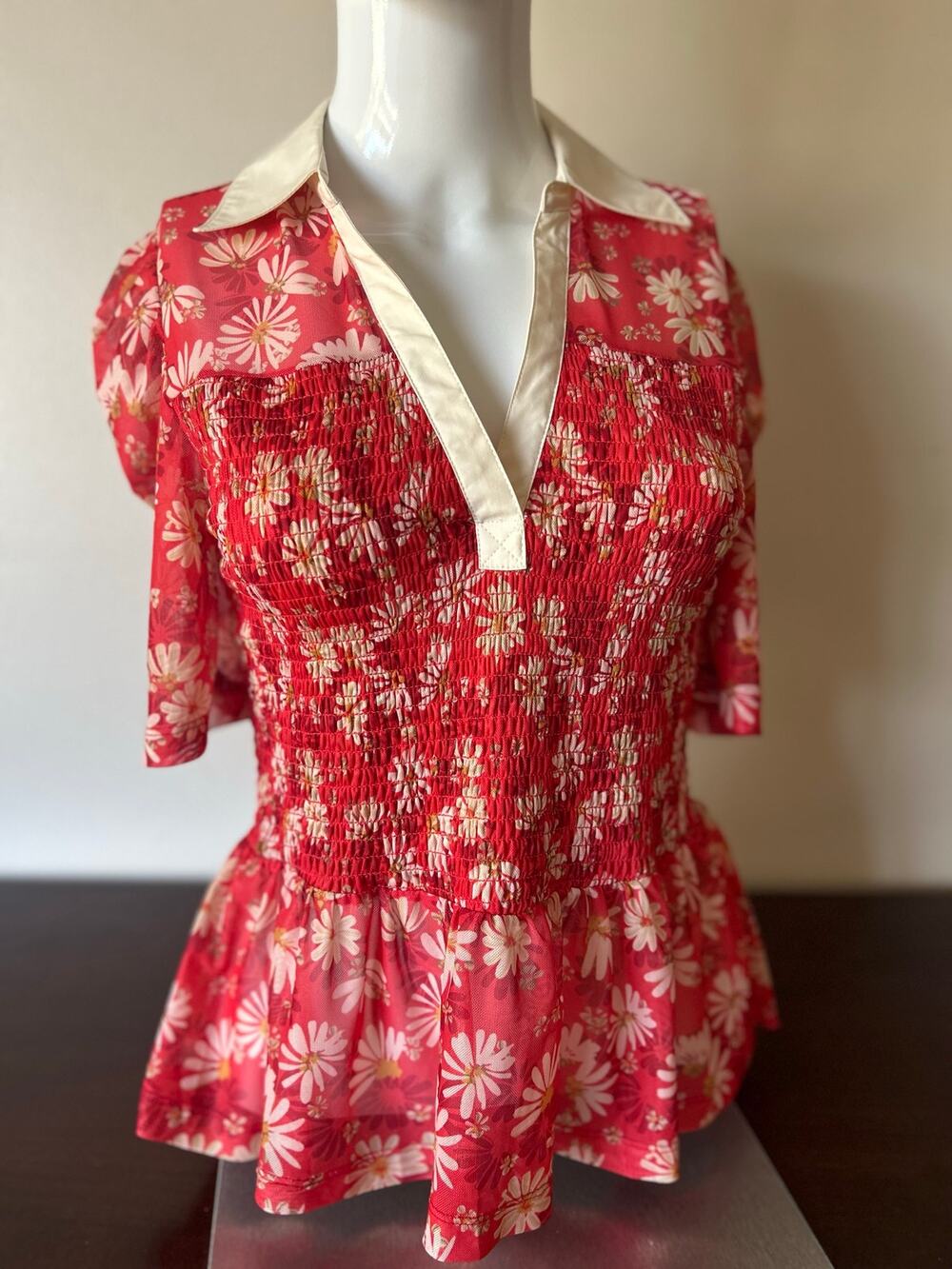 Maeve Floral Smocked Puff Sleeve Peplum Blouse Small